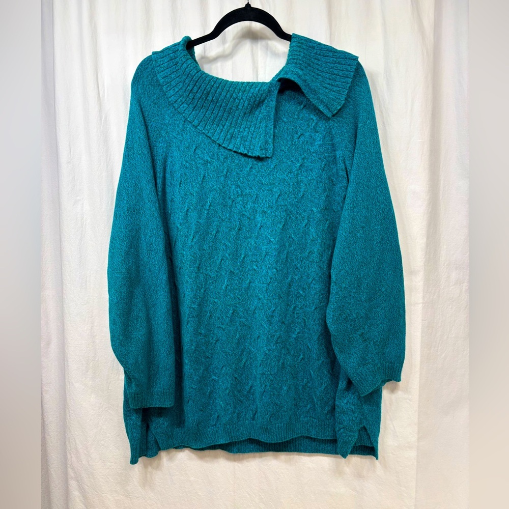 Catherines Sweater Womens 3X Plus 26/28W Blue Knit Split Cowl Neck Cotton